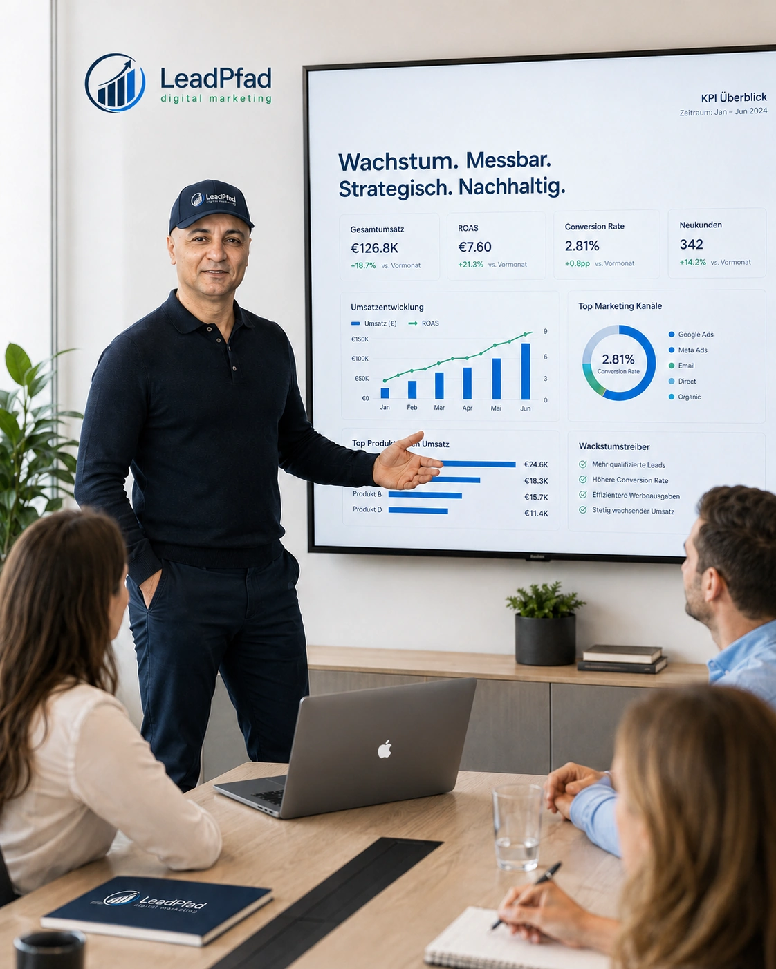 LeadPfad Hero-Bild mit KPI-Dashboard und Beratungssituation