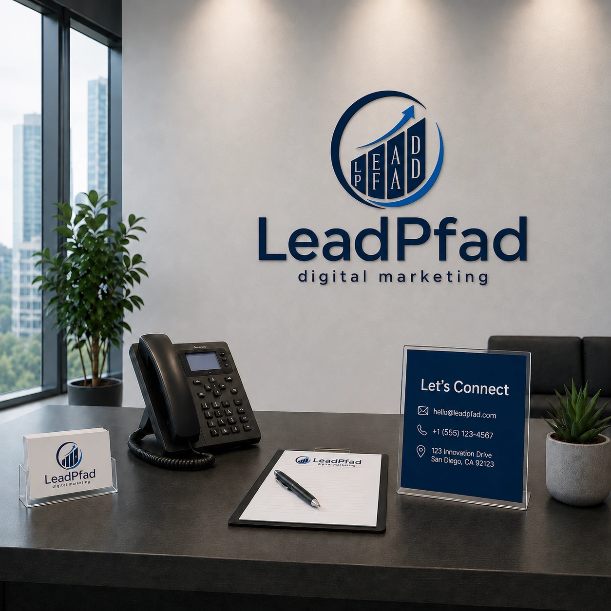 Kontaktbereich von LeadPfad mit Empfangstheke, Telefon und Let’s Connect Aufsteller