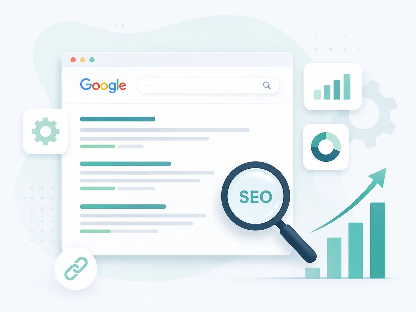 SEO-Grundoptimierung für Online-Shops mit Suchergebnissen und Wachstumsgrafik