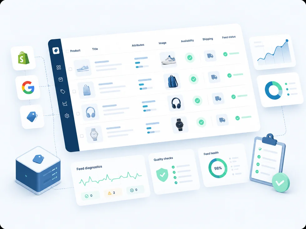 Merchant Center und Produktfeed mit Produktdaten, Attributen, Feedstatus und Qualitätsprüfung