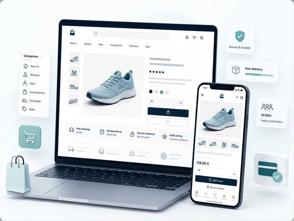 Shopify und E-Commerce-Fokus mit Produktseite, mobiler Darstellung und Checkout-Vertrauen